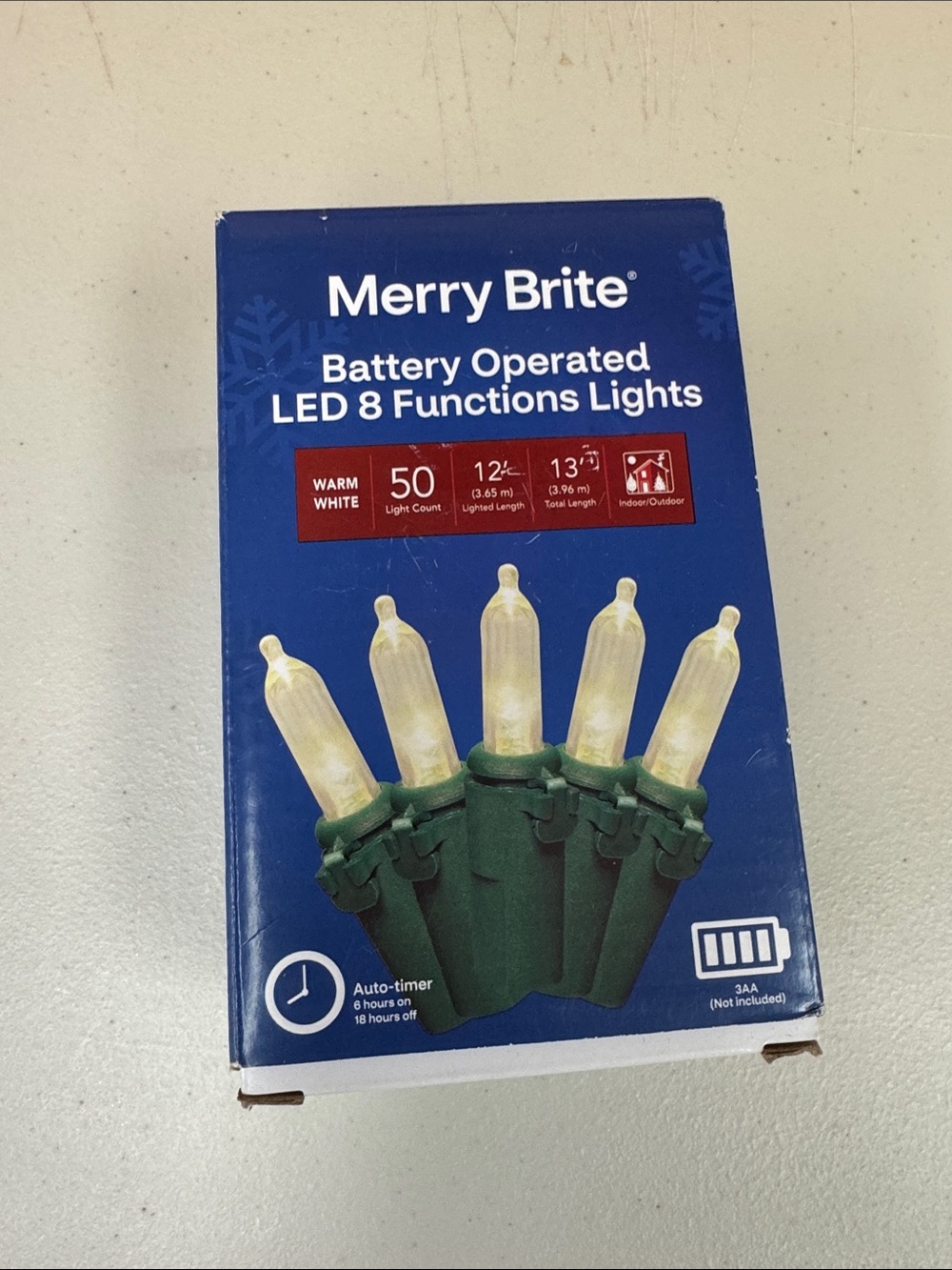 Merry Brite Battery Operated LED Warm White String Lights 50 light count new